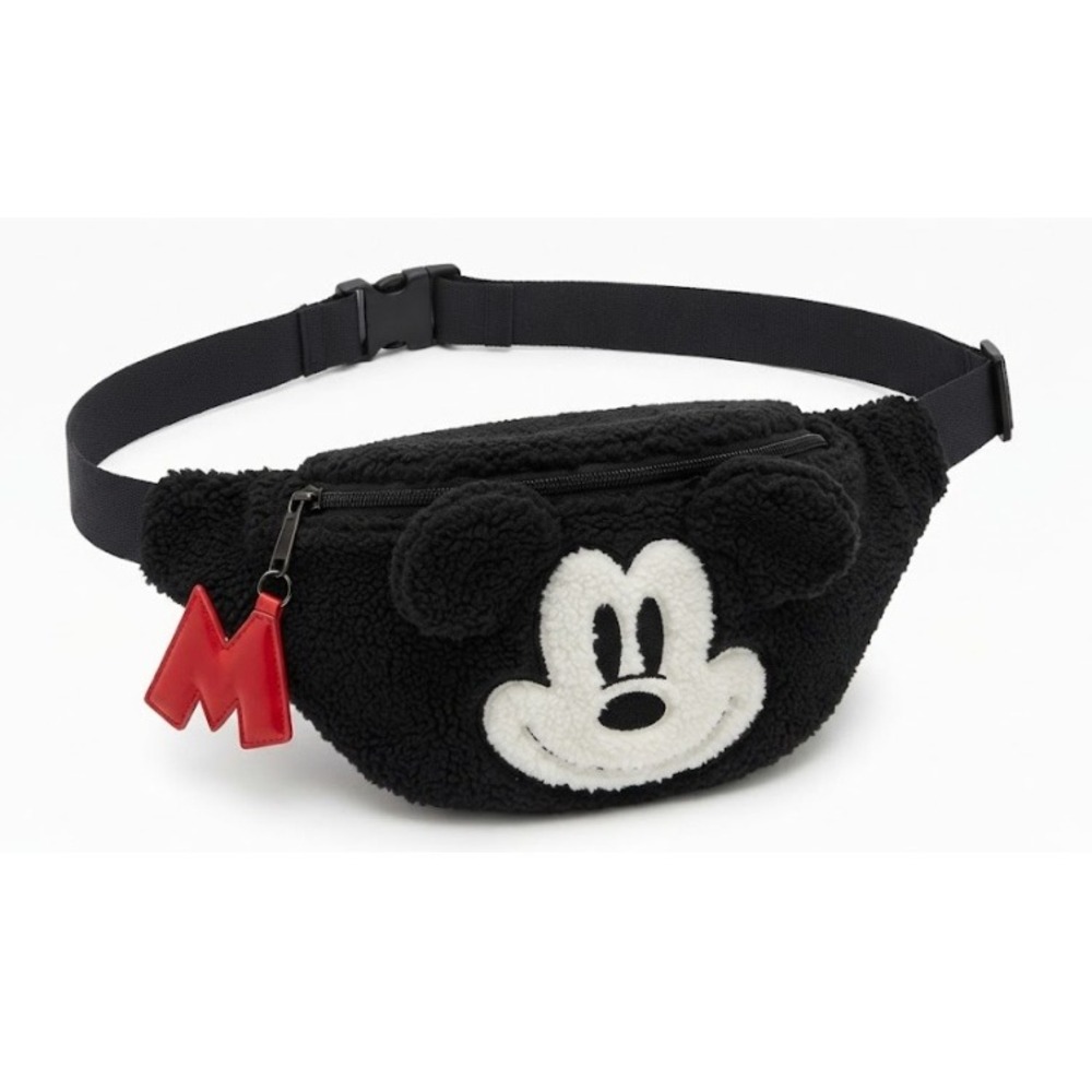 Disney Womens Black Adjustable Straps Mickey Mouse Ears M Charm Sherpa Belt Bag